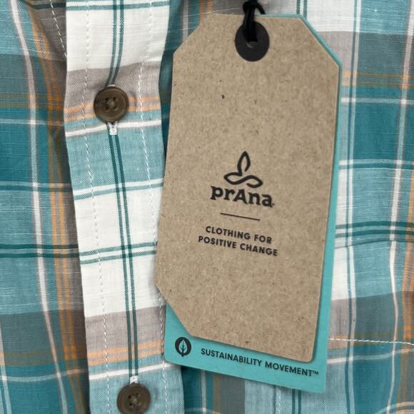 PRANA Shirt Mens L Benton Plaid Button Up Camp Organic Cotton Blend Blue NEW - Picture 10 of 15
